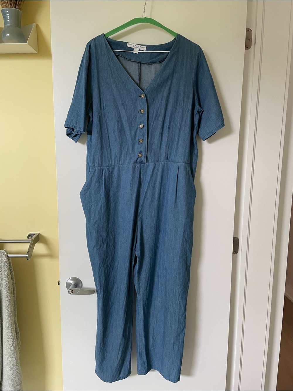 Casual Blue Chambray V-Neck Button Front Jumpsuit